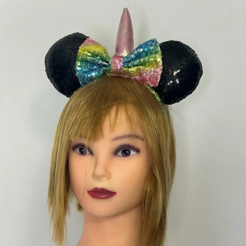 Disney Unicorn Minnie Mouse Ears Rainbow Sequin Bow Pink Horn Headband
